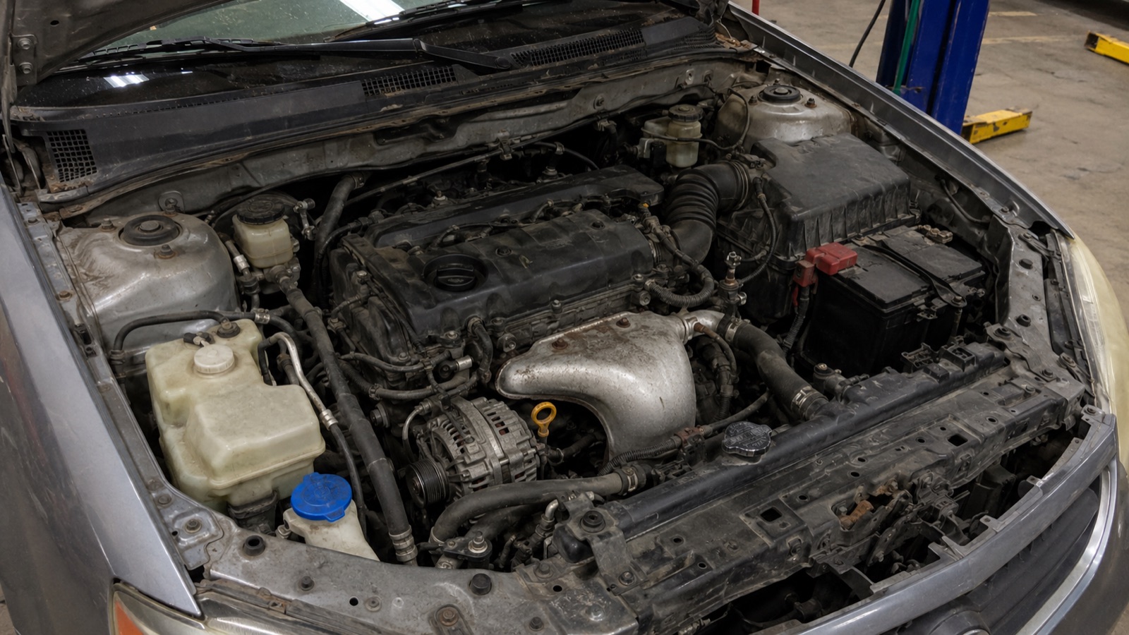 Open engine bay of an older sedan in a repair shop